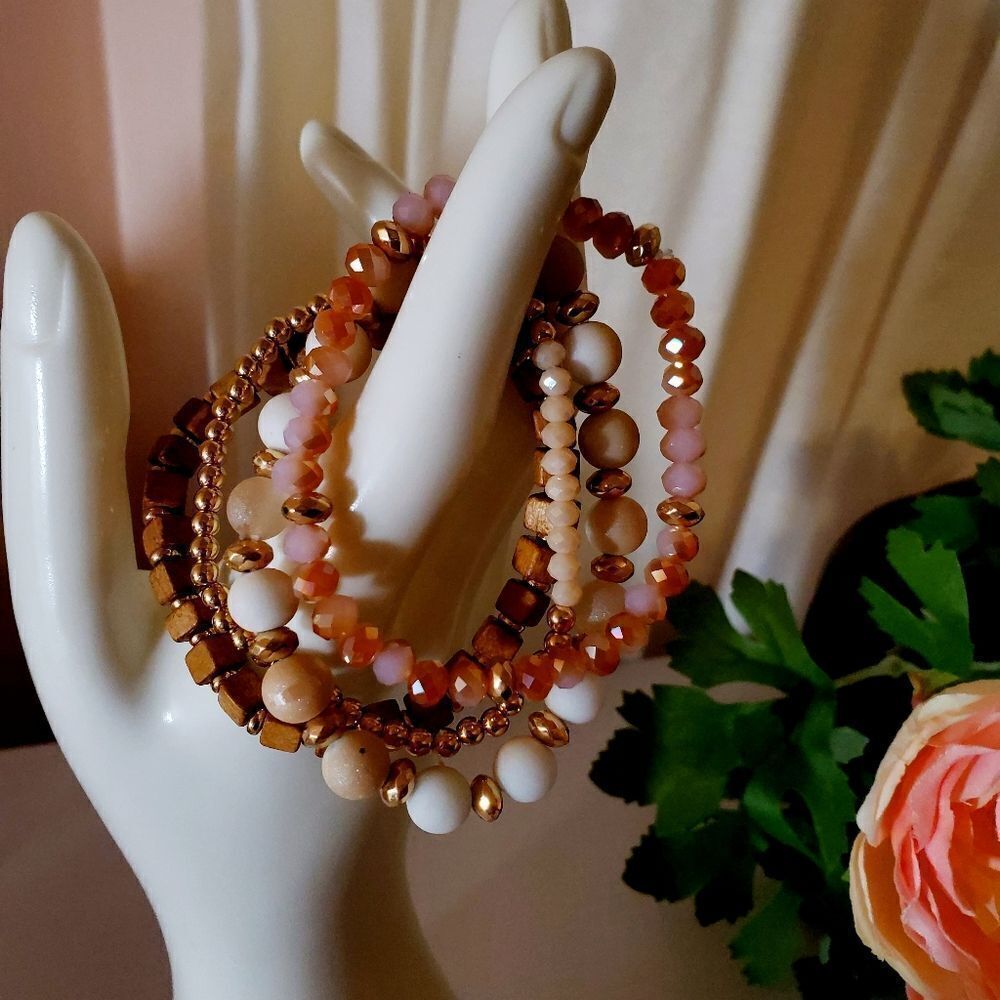 𝅺pink And Wood Cube Bead Medley Bracelet Set